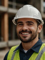 Cheerful construction worker with hard hat.