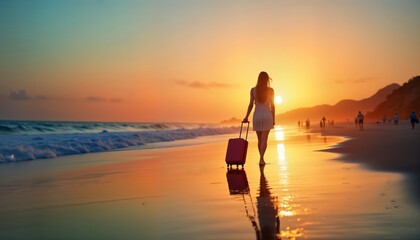 Woman walks on beach at sunset with suitcase. Travel moment. People on shore. Warm colors. Vacation concept. Golden hour. Beautiful scenery. Relaxed atmosphere. Travel. Beach. Sunset. Travel.