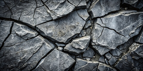 Fototapeta premium A close-up view of cracked gray stone reveals intricate textures and patterns. The rugged surface showcases the beauty of natural erosion and geological formations