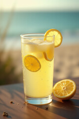 highball glass with lemonade cocktail with ice and lemon slices on a wooden table near a sandy beach.