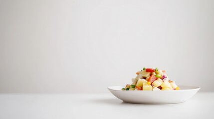 春のリフレッシュにぴったりな、白い背景のミニマリストなフルーツサラダ