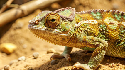 Fototapeta premium A vibrant chameleon rests on a rock, displaying its unique patterns and colors. Sunlight highlights its skin as it enjoys the warmth in a natural outdoor setting