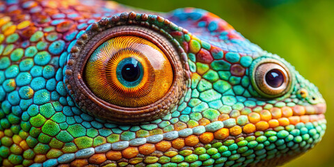 Obraz premium A vibrant chameleon rests on a branch, displaying its striking, multicolored skin with intricate patterns. The large, animated eyes add to the interest, highlighting its natural habitat