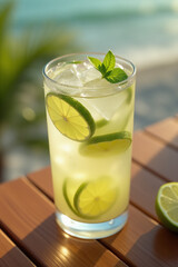 highball glass with mojito cocktail with ice and lime slices on a wooden table near a sandy beach.