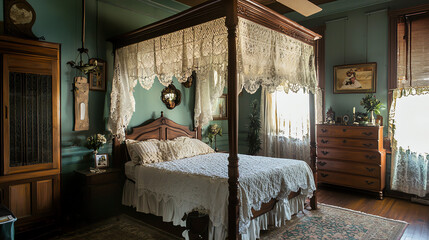 Nostalgic bedroom with a four-poster bed featuring an elegant lace canopy and vintage decor