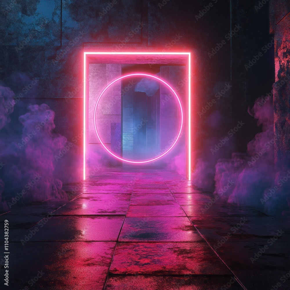 Poster futuristic neon portal glows in dark corridor. abstract glowing neon rectangle, circle. dark stone f