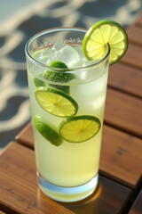 highball glass with mojito cocktail with ice and lime slices on a wooden table near a sandy beach.