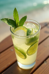 highball glass with mojito cocktail with ice and lime slices on a wooden table near a sandy beach.