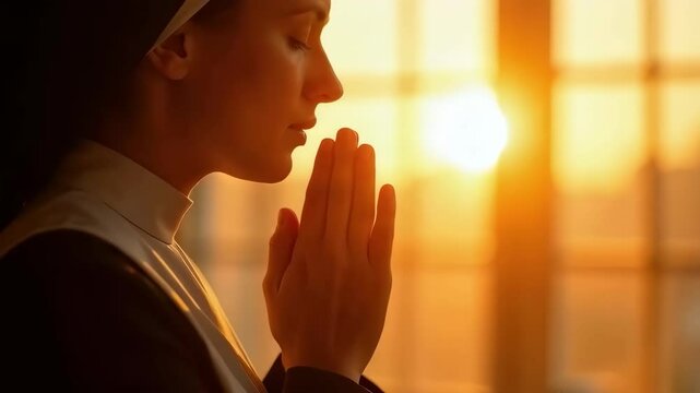 A nun peacefully prays, bathed in the warm glow of a setting sun. Concept of a nun praying at sunset.