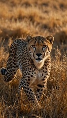 Naklejka premium Cheetah running through golden grass.