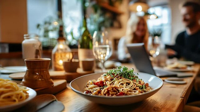 Delicious spaghetti with tomato sauce and seafood, served in an Italian restaurant with wine.