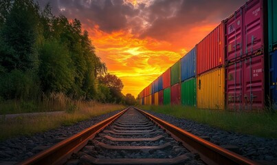 Fototapeta premium Sunset Over Railway Tracks Lined With Colorful Shipping Containers in a Serene Landscape