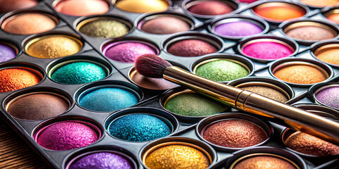 Naklejka premium A vibrant eyeshadow palette displays a variety of colorful shades, while a makeup brush rests beside it on a wooden surface, ready for application