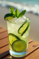 highball glass with mojito cocktail with ice and lime slices on a wooden table near a sandy beach.