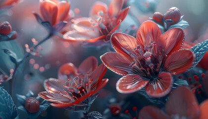 A mesmerizing close-up of vibrant red flowers with intricate petals and dew drops, set in a dreamy blue-toned background.