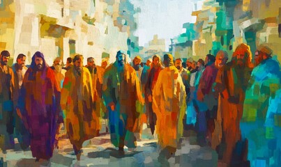 Abstract art. Colorful painting art of some Pharisees in the streets of Jerusalem. New testament.