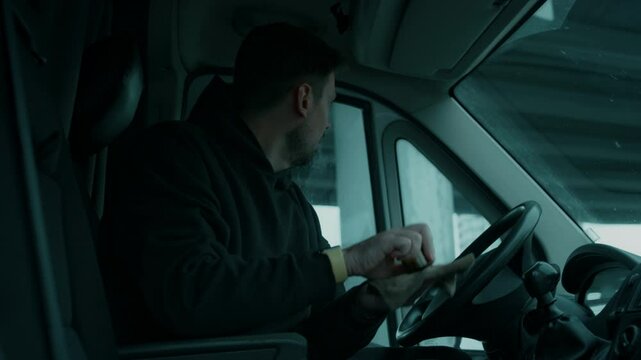 Side lowkey shot of middle-aged Caucasian male outlaw with stubble getting ready for kidnapping or assaulting victim, soaking rag with chloroform in car in urban place