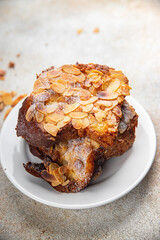 Brioche sweet almond french toast fresh tasty food dish delicious gourmet food background on the table rustic food top view copy space