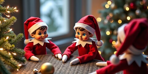 Christmas elves smiling on table with festive lights