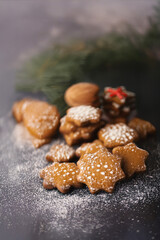 Gingerbread cookies lie on the table, sprinkled with powdered sugar, Christmas cookies