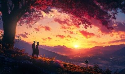 AI generated image photo of married people enjoying romantic moment evening sunset in mountain