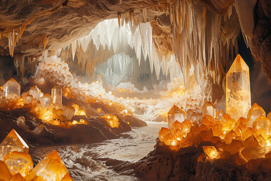 Illuminated cave with stunning crystal formations.