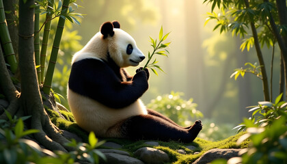 Obraz premium A giant panda bear whose fur is a delicate combination of white and black is perched comfortably on a natural rock ledge.