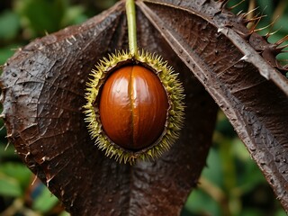 Chestnut encased in a prickly husk.