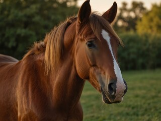 Naklejka premium Chestnut horse yawning in soft evening sunlight.