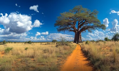 A wide dirt path leads toward a giant Baobab tree under a brilliant blue sky, surrounded by savanna-like vegetation