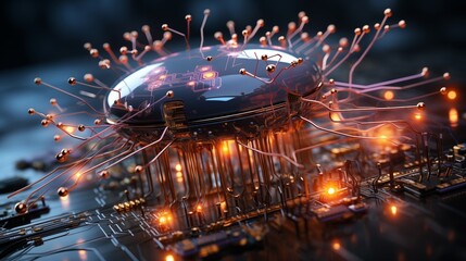 Human brain connected via Neuralink chip with numerous wires.