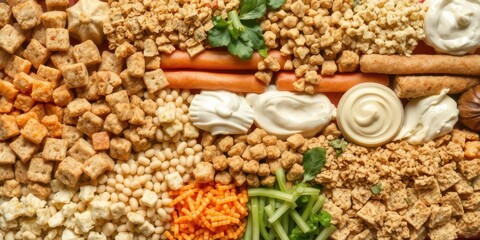 Obraz premium A variety of textured foods arranged in rows, including soft, chewy, crunchy, and creamy options, taste