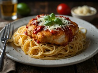 Fototapeta premium Chicken parmesan served with spaghetti.
