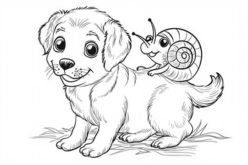 A cheerful cartoon puppy, with big eyes and a friendly demeanor, happily carries a cute snail on its back in this playful black and white illustration.