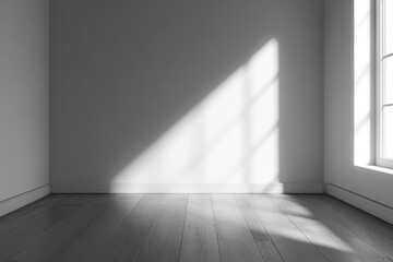 Minimalist Aesthetic: Blank Space with White Wall, Light Shadows, and Wooden Flooring in 3D Environment