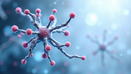 Semaglutide-infused neural network with pink spheres representing neurons within a blue microcellular environment.