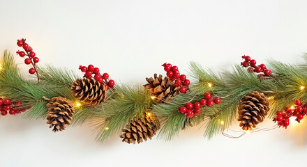 Pine cone and berry garland illuminated with twinkling lights for festive occasions, isolated on a white background