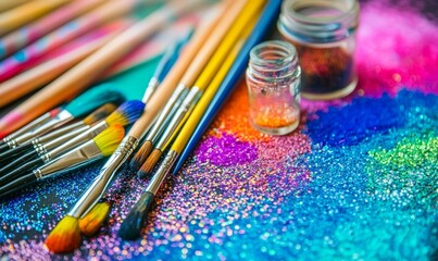 Obraz premium An artistic arrangement of craft supplies, including colorful glitter in jars, paintbrushes, and vibrant papers.