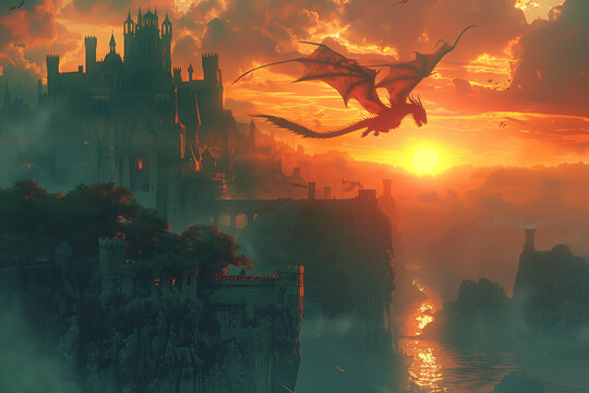 Mystical dragon soaring above a fantasy castle.