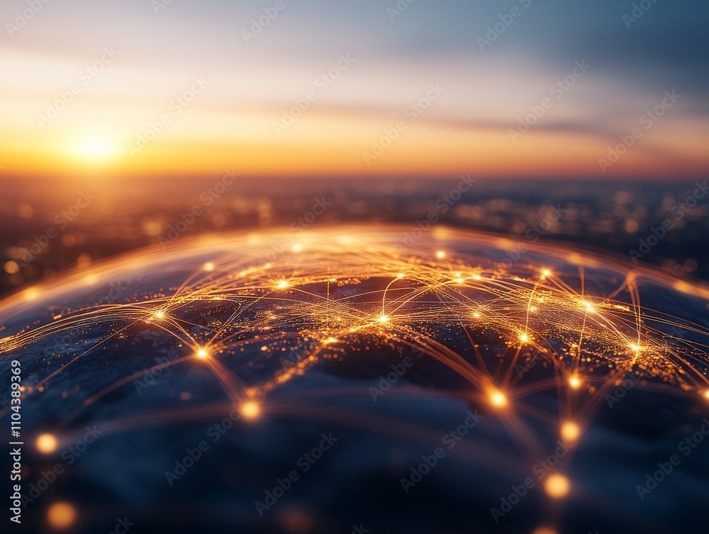 Poster Interconnected lines span over the globe, showcasing the concept of worldwide communication networks. The sunset creates a warm ambiance with ample copy space