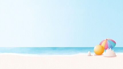 Obraz premium Sunny beach with colorful umbrella, bright sand and ocean waves, minimalistic summer illustration, playful coastal scene, cheerful vacation vibe, copy space for text