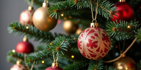 Fototapeta premium Festive Christmas ornaments on pine tree with lights