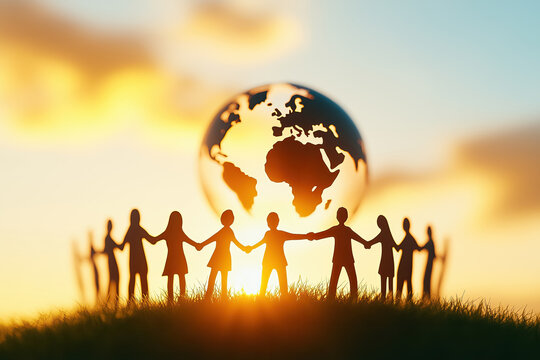 Silhouettes holding hands around a globe at sunset symbolize unity and global connection in a serene scene