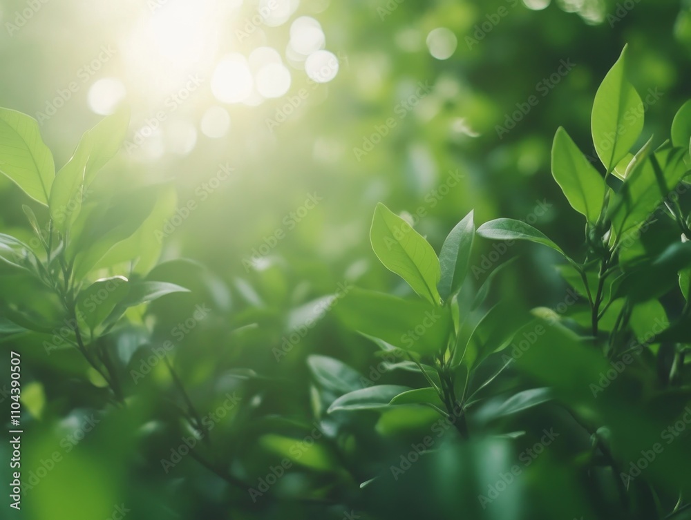 Poster Vibrant green foliage glows softly as sunlight filters through, creating a tranquil atmosphere with plenty of space for text. Ideal for health and eco-friendly campaigns