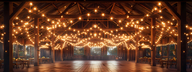 A beautifully decorated indoor venue with warm string lights and rustic wooden decor, perfect for weddings or events.