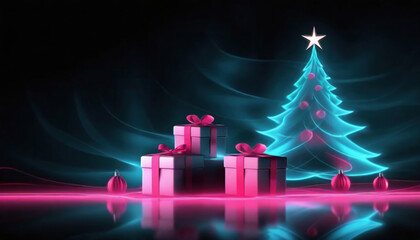 A minimalist Christmas design featuring neon lights in the shape of a tree and glowing pink gift boxes. Happy New Year background