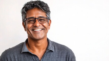 Obraz premium Smiling man with glasses wearing a grey shirt against a light background