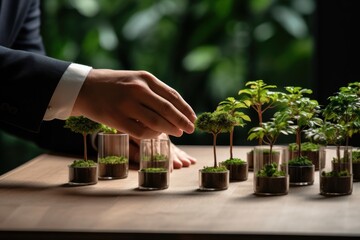 A man's hand carefully tends to small potted plants, symbolizing growth and nurturing in a professional setting.