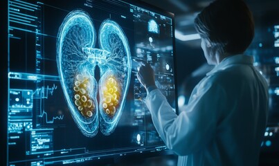 The doctor looks at the kidney hologram, checks the test result on the virtual interface and analyzes the data.