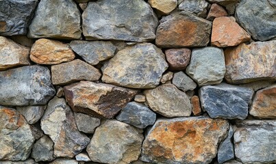 This image displays a rustic stone wall featuring a complex pattern of stones in different colors and shapes, revealing the artistry in construction techniques